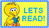 animated stamp gif with big bird which says 'LETS READ!