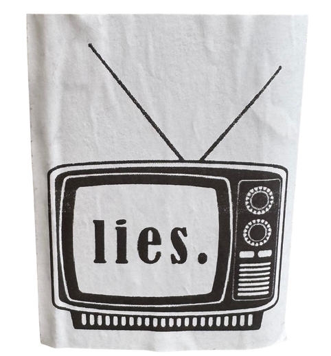 sticker of a tv with the words 'lies' on it